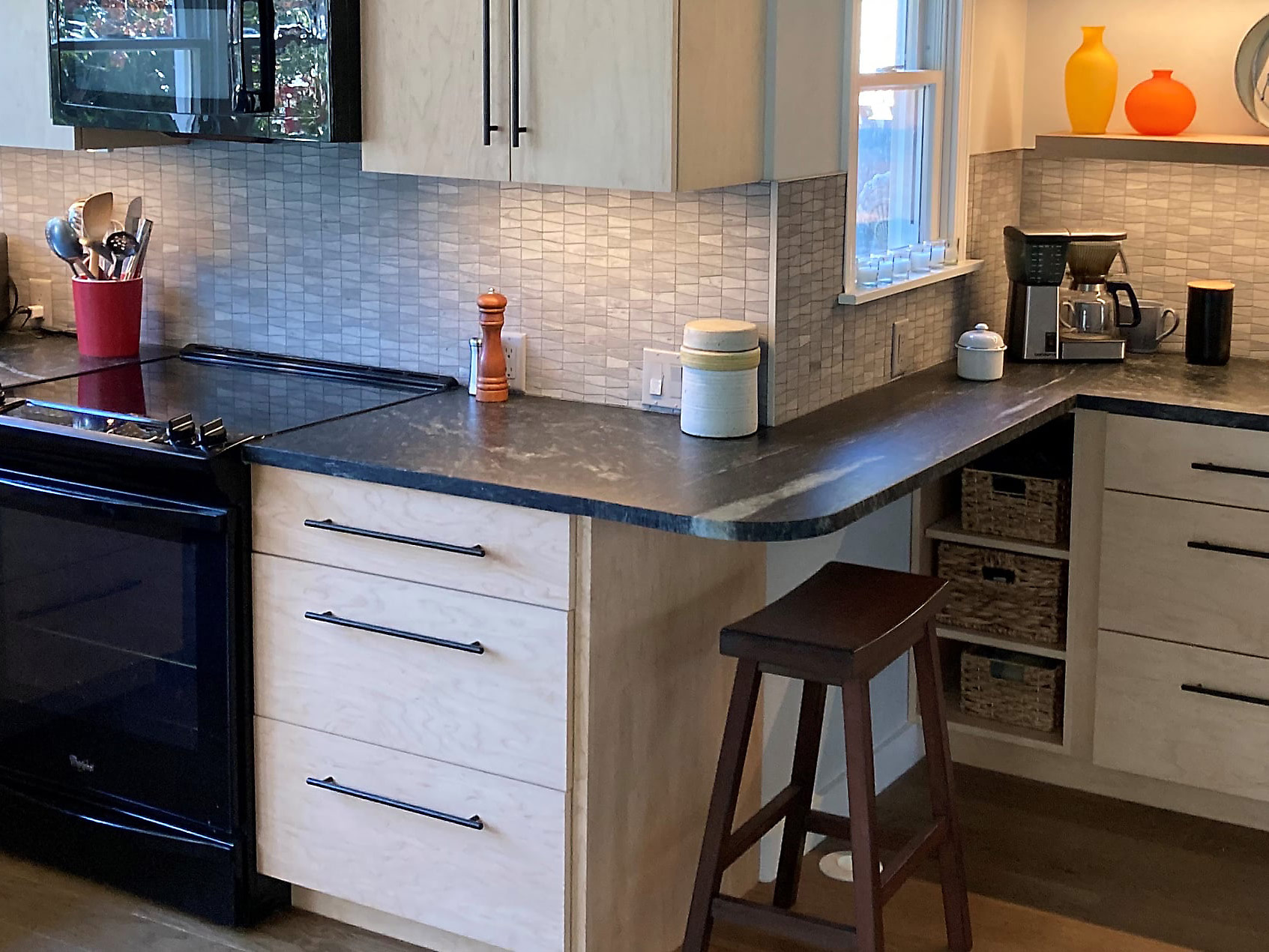 Mid-Century Modern kitchen with Vermont Soapstone counter.