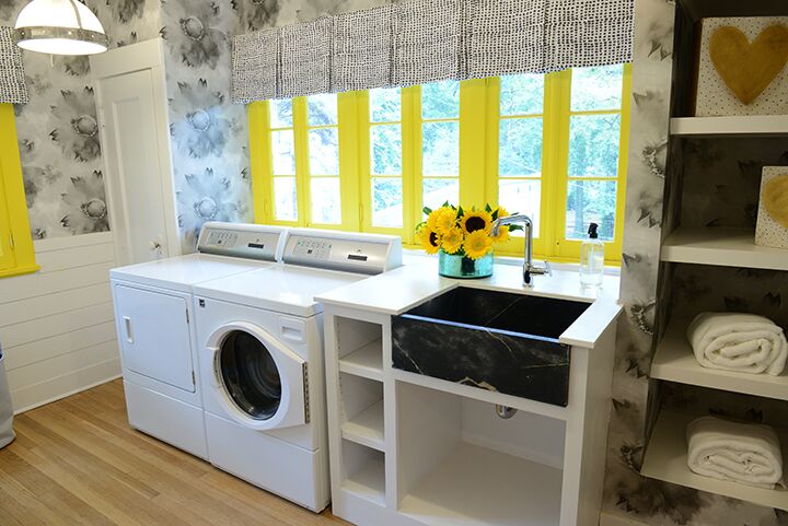 Beautiful Laundry Room Features Large Soapstone Sink